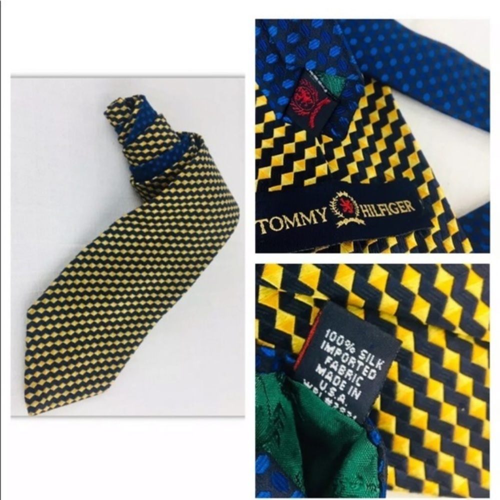 Vintage Tommy Hilfiger Mens Necktie Blue Yellow Chevron Deadstock Crest Silk USA